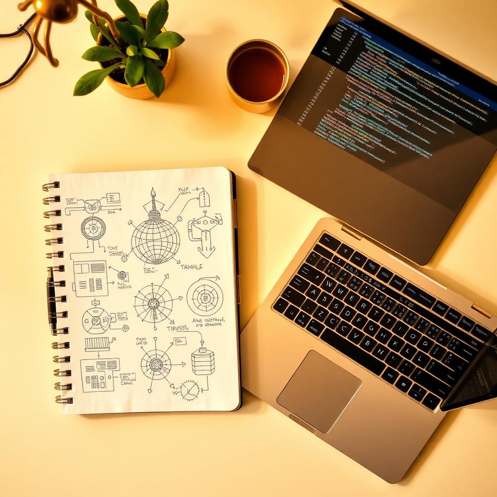 Hand-drawn AI system diagrams on a builder's desk